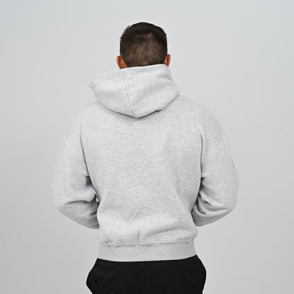 Back view of male model wearing the grey relaxed fit Hybryd Palmer hoodie   